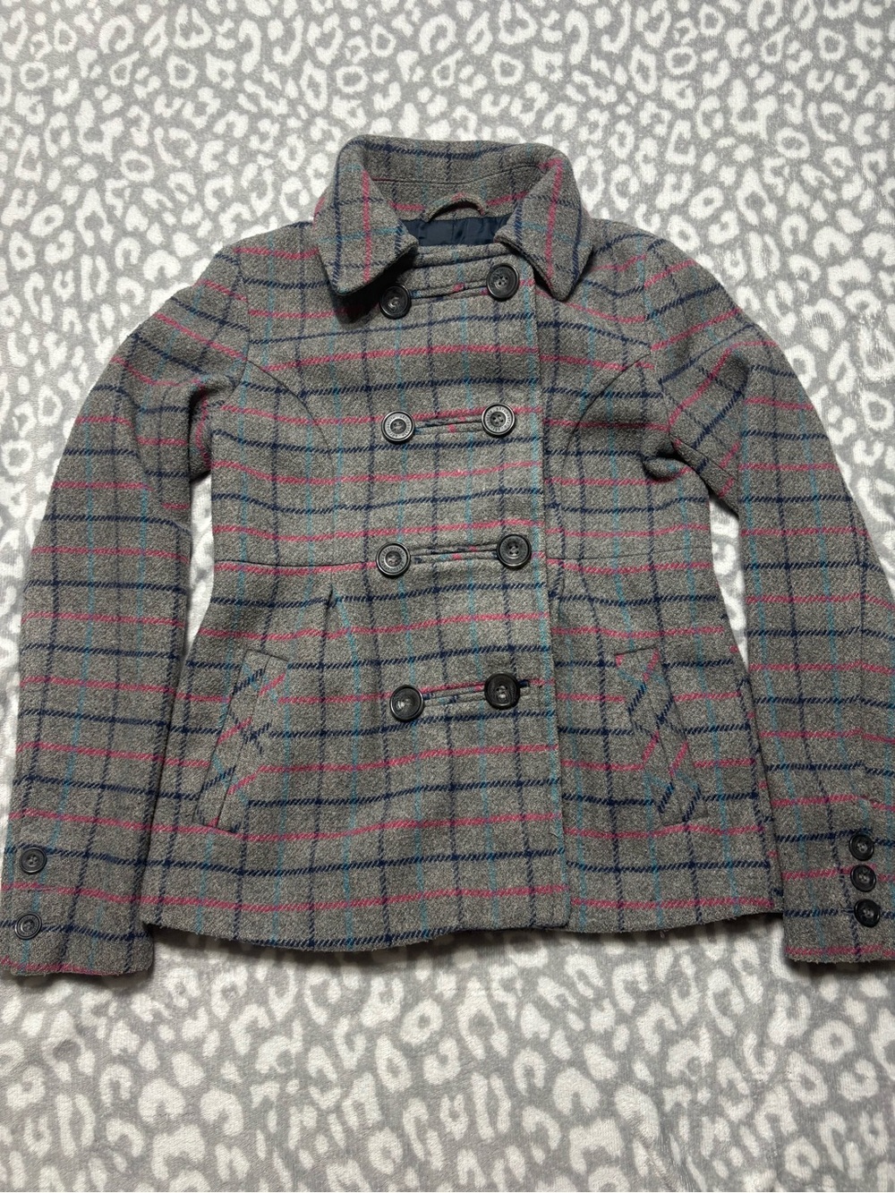 Aeropostale Gray Plaid Double-Breasted Peacoat with Pink & Blue Stripes
